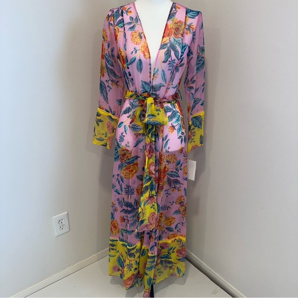 We are Leone Contrast Maxi Cardigan Rose Print 100% Silk Beach Cover Up NEW XS/S